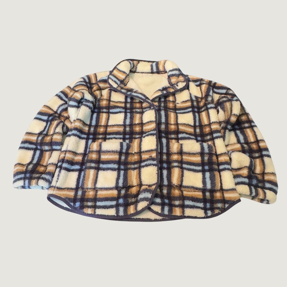 Vineyard Vines Fleece Plaid Sherpa Snap Pullover Cream Blue Brown M Cozy Preppy